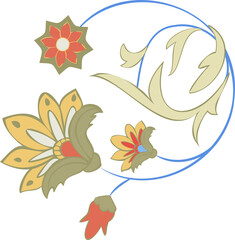 Flat design showing vine entwining cream leaves, yellow-red floral motifs on transparent background