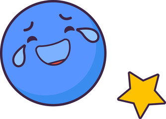 Stylized blue circle emoting joy is showing in cartoon style with yellow star on clear backdrop