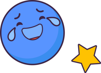 Stylized blue circle emoting joy is showing in cartoon style with yellow star on clear backdrop