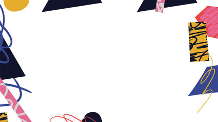 Navy triangles, mustard circle, patterned strips and scribbles are framing transparent flat canvas