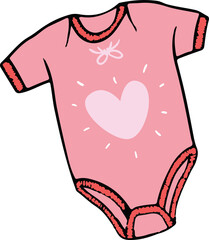 Pink infant onesie is displaying ruffle trim, heart motif in flat design on transparent background