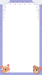 Purple frame is showcasing cloud-hung heart star arrow garlands with cat bear heads, copy space