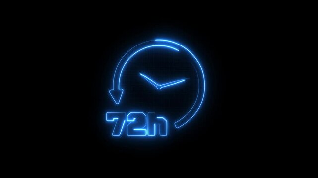 Glowing neon 72 Hour Clock Icon, Stopwatch Timer Animation, Transparent Background with Alpha Channel, HUD Style, Time Passing Loop, 4K