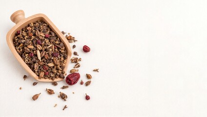 Assorted Herbal Tea Blend in Wooden Scoop on Rustic Burlap Cloth on a white background