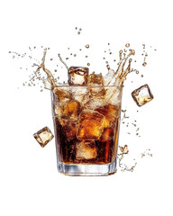 Sparkling soda in glass with ice