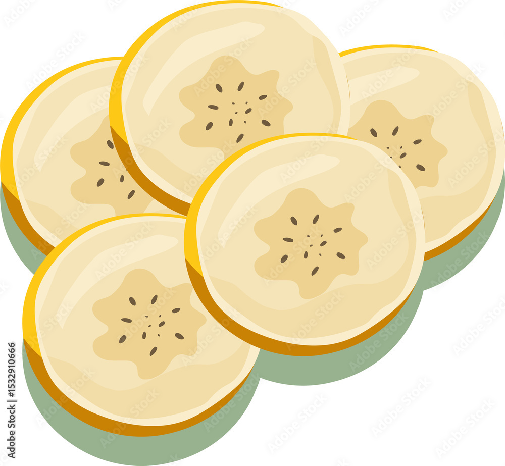 Poster five overlapping banana slices are floating on transparent background, showing star-shaped patterns