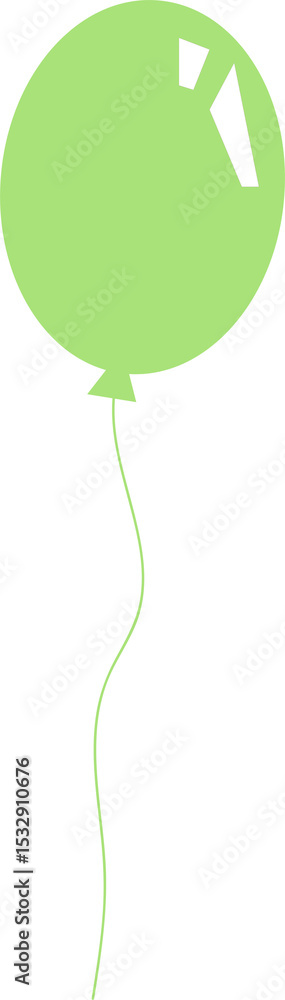 Poster stylized green balloon is floating with tied knot and wavy string on transparent background