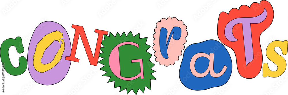 Poster stylized typography is showing congrats letters on flat-color shapes, with transparent background