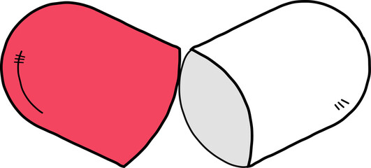 Stylized pill capsule halves are splitting apart in simple cartoon design, transparent background