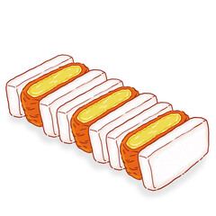 Egg sandwich slices are floating in flat design with orange crust edges and transparent background