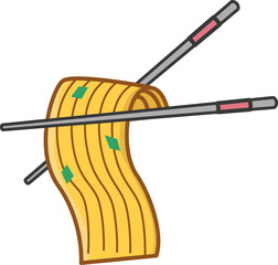 Flat design yellow noodles are draping on chopsticks with pink bands, green bits on transparent