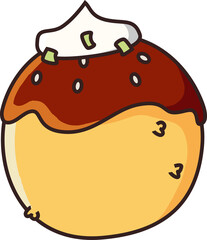 Cartoon pastry is being shown on transparent backdrop, with brown glaze, cream, green sprinkles