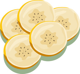 Five overlapping banana slices are floating on transparent background, showing star-shaped patterns