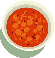 Top-down flat design showing bowl with red soup, chunks and spices on green plate, clear background