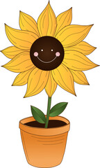 Sunflower is smiling in terracotta pot with green leaves in flat design on transparent background