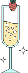 Flat design champagne glass is showing bubbly with strawberry and sparkles, transparent background