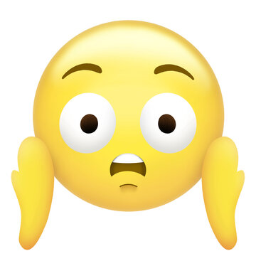Surprised 3D bright yellow emoticon raising hands and showing shocked face, transparent background