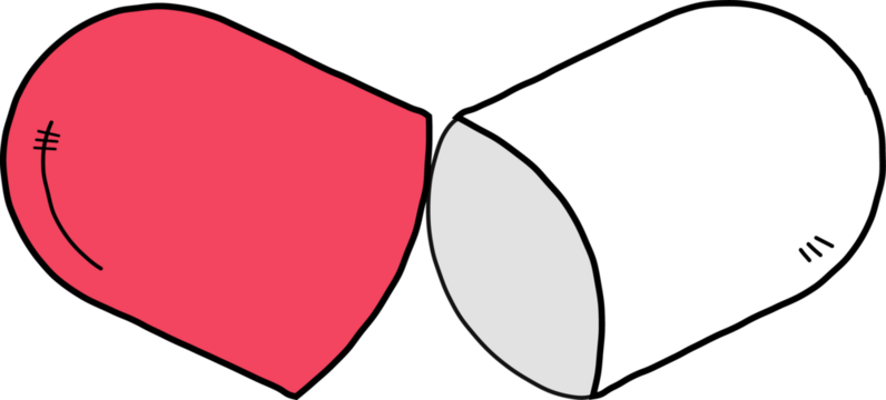 Stylized pill capsule halves are splitting apart in simple cartoon design, transparent background