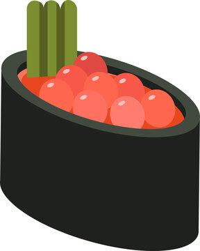 Stylized gunkanmaki sushi is being shown on transparent background, featuring glossy salmon roe