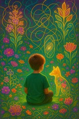 Child's Cosmic Dream: Interacting with Luminous Wildlife in a Magical Garden (AI Generated)