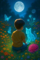 Child's Cosmic Dream: Interacting with Luminous Wildlife in a Magical Garden (AI Generated)