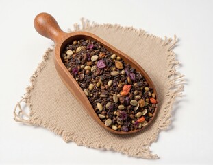 Assorted Herbal Tea Blend in Wooden Scoop on Rustic Burlap Cloth
