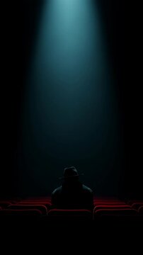 Mysterious figure sits alone in dark theater illuminated by spotlight during late night performance
