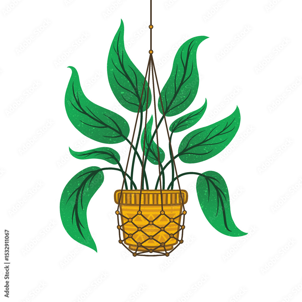 Poster mustard macrame planter with green leaves is floating in flat design on transparent background