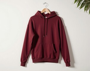 Maroon Hoodie on Wooden Hanger on White Wall