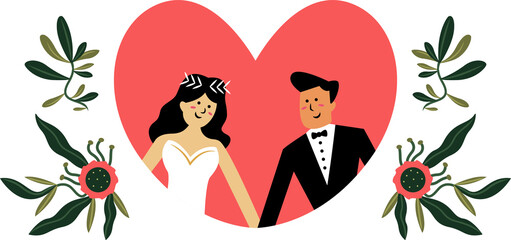 Cartoon bride and groom are posing inside red heart with branches, flowers, transparent background