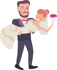 Groom is lifting bride in flat design, with bouquet and veil, transparent background