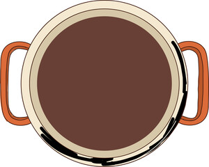 Pot is showing brown liquid in flat top-down design on transparent layer with orange handles
