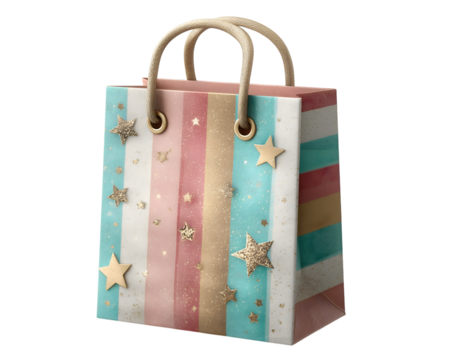 pastel color gift bag with stars and stripes pattern. cute shopping bag. isolated on transparent background.