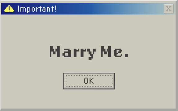 Flat vector dialog box is appearing on transparent background showing pixel Marry Me