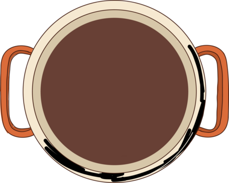 Pot is showing brown liquid in flat top-down design on transparent layer with orange handles - Powered by Adobe