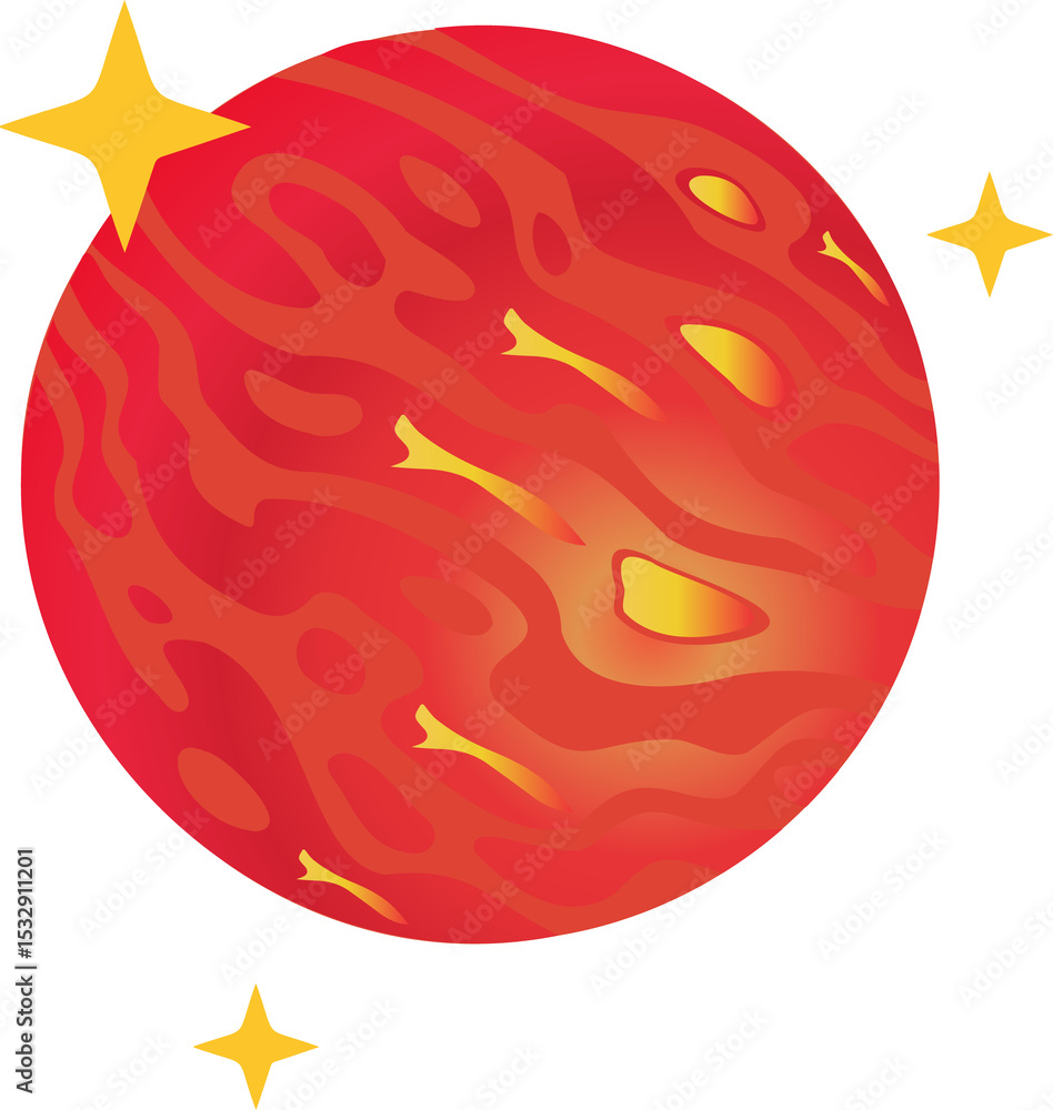 Aufkleber flat design red planet with orange swirls is floating on transparent background with 3 yellow stars