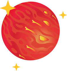 Fototapeta premium Flat design red planet with orange swirls is floating on transparent background with 3 yellow stars