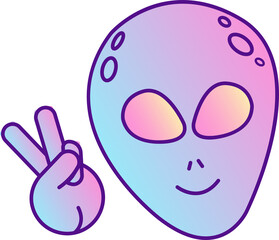 Alien head is making peace sign in pastel gradient flat design, transparent background, copy space