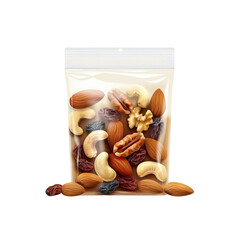 Trail Mix in Transparent Resealable Bag Almonds, Cashews, Pecans, Walnuts, and Raisins