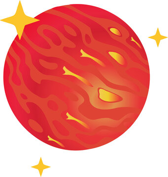 Naklejki Flat design red planet with orange swirls is floating on transparent background with 3 yellow stars