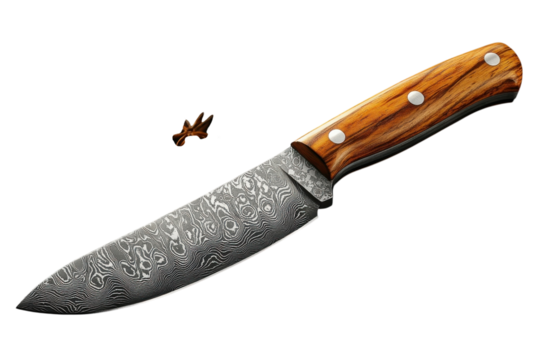 A meticulously crafted Damascus steel hunting knife resting elegantly a symbol of heritage and on transparent background