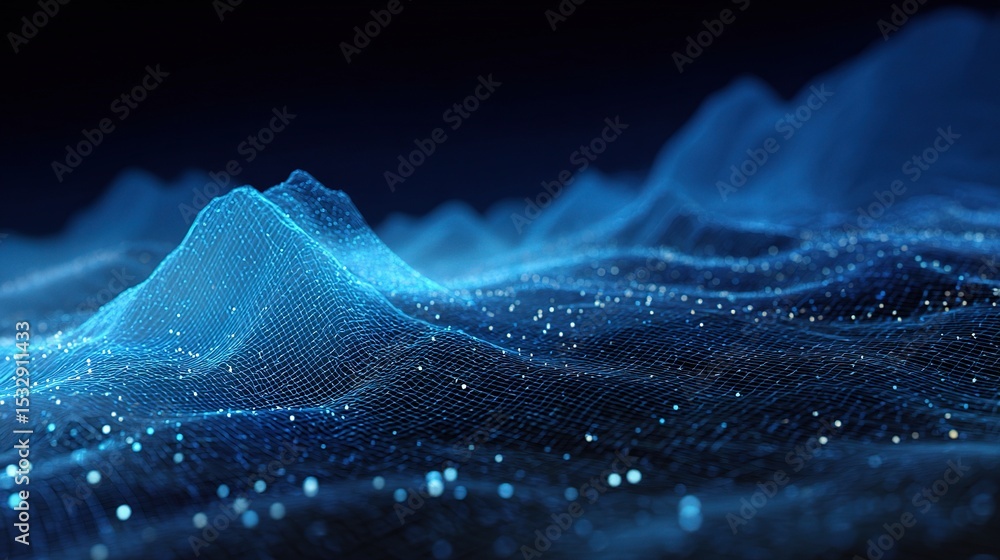 Aufkleber high-tech blue wireframe landscape with data points and depth