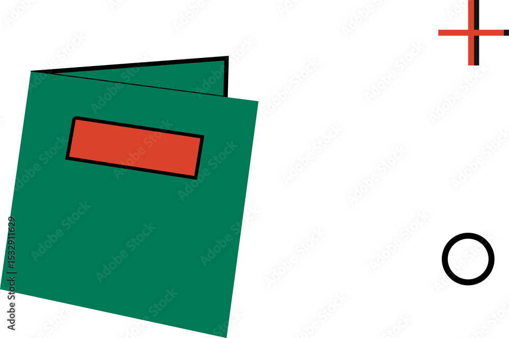 Poster flat green folder icon is floating on transparent backdrop with red label and cross circle accents