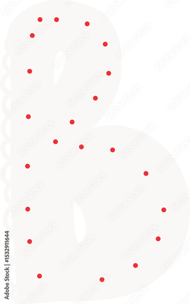 Poster stylized b is showing in flat design with scalloped edge, red dot pattern on transparent background