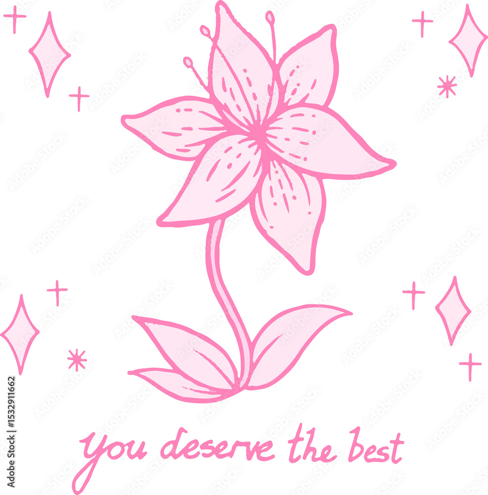 Poster flat design pink flower is floating on transparent background with sparkles and cursive text