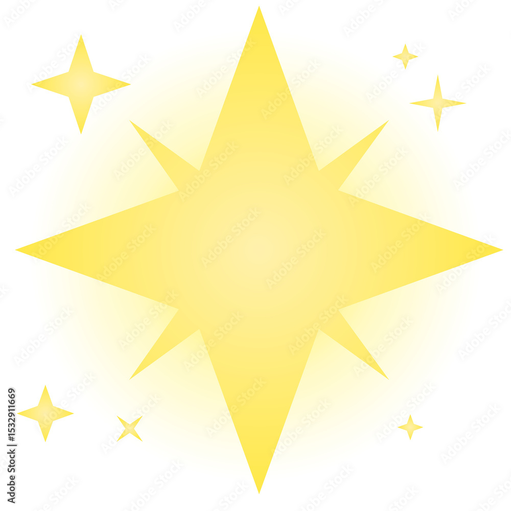Poster showing glowing gold circle featuring eight-pointed star with five sparkles on transparent backdrop