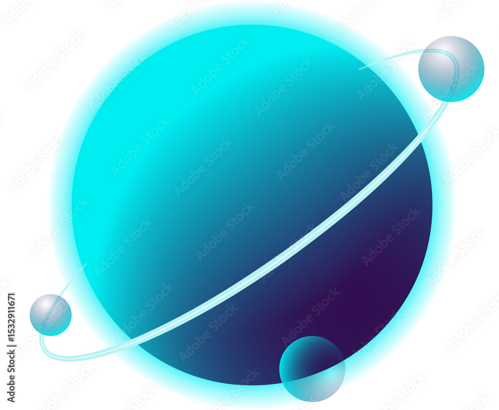 Poster futuristic abstract planet orb is orbiting with glowing ring and three orbs, transparent background