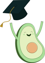 Avocado with seed is celebrating graduation in flat design, mortarboard cap, transparent background