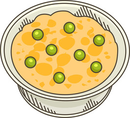 Cartoon white bowl is showing creamy orange soup topped with green peas on transparent background