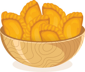 Vector illustration showing wooden bowl holding golden dumplings on clear background, copy space